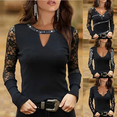 £12.45 • Buy Womens V Neck Lace Tops Long Sleeve Ladies OL Casual Slim Shirt Blouse Pullover