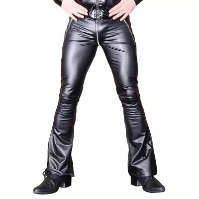 70S Bell Bottoms Mens Stretch Pu Leather Flared Biker Pants Trousers Zip Crotch • $35.81