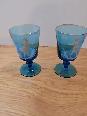 2 Vintage Fenton Mary Gregory Blue GlassesEx Cond4 Tall Boy/Girl  • $35