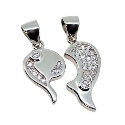 3.32 Gm CZ 925 Sterling Silver Couple Heart Split Lover Charming Fine Pendant • $28.79