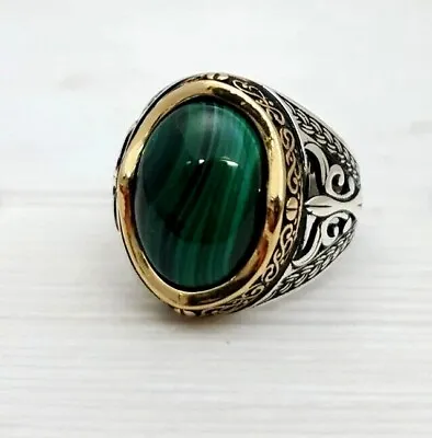 925 Sterling Silver Turkish Jewelry Natural Malachite Gemstone Men's Ring • $59.99