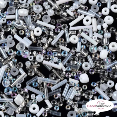 £3.49 • Buy 100gm Glass Seed & Bugle Beads Mix White Clear 2mm - 9mm Pearl Ceylon Opaque 