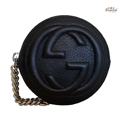 Authentic GUCCI Black Pebbled Calfskin Leather Round Interlocking G Coin Purse • £290.96