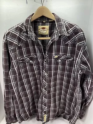 Larry Mahan Pearl Snap Shirt Men Size 2XL Brown Plaid Long Sleeve Western Rodeo • $22.45