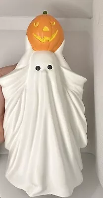 VTG Byron Mold Halloween 8  Ceramic Ghost Holding Pumpkin  1981 • $29.99