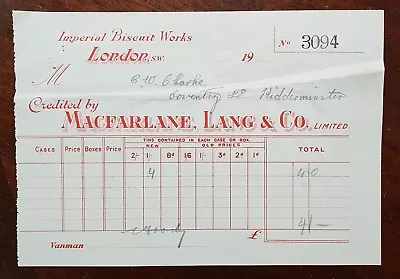 1928 Macfarlane Lang & Co. Imperial Biscuit Works London Credit Note • $6.21