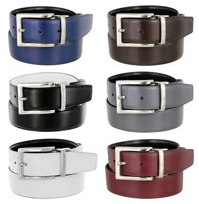 Men's Belt Genuine Leather Reversible Belt Silver Rotated Buckle 1-3/8  Wide • $17.95