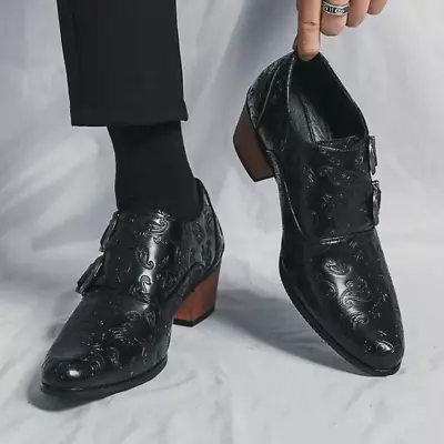 Men's Block Heels Vintage Buckle Pointed Toe Retro Oxford Wedding Leather Shoes • $54.62