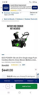 Ego POWER+ 21  Cordless Snow Blower With Steel Auger - (SNT2110) • $170