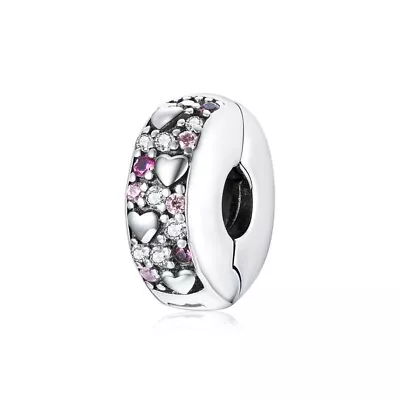 £16.49 • Buy 💖 Love Heart Spacer Clip Charm Bead Pink CZ Genuine 925 Sterling Silver 💖