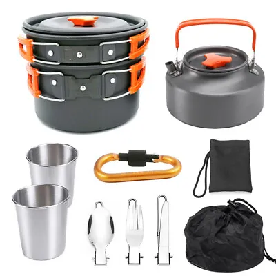 Camping Cookware Set Outdoor Hiking Cooking Pot Pan Portable Picnic Orange • $33.95