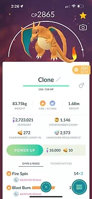 Clone Charizard W/Lvl 40 CP + Dbl Move - Pokèmon Go - Registered Or 30 Day Trade • $150