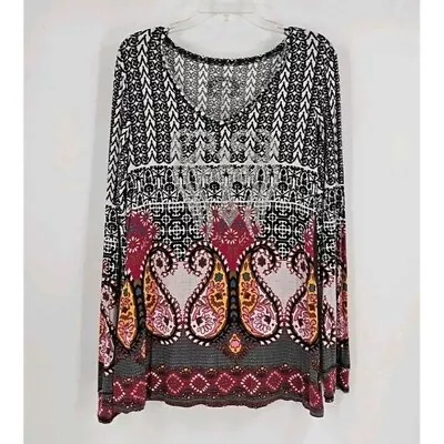V Cristina Womens Colorful Tunic Scoop Neck Design Beaded Long Sleeve Top Sz L • $18.80
