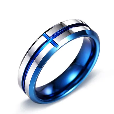 Blue Cross Line Tungsten Wedding Brand Rings For Men Women 6mm Width Bevel Edges • $15.98