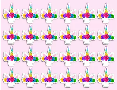24 Mini Rainbow Unicorn Horn Flowers Edible Cupcake Toppers Decorations UNCUT • $6.99