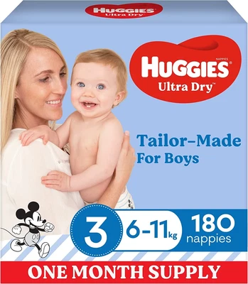 $103 • Buy Huggies Ultra Dry Nappies Boys Size 3 (6-11kg) One Month Supply 180 Count