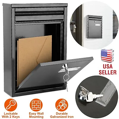 Wall Mount Locking Mailbox Outdoor Key Drop Box Heavy Duty Steel Anti-Thef Black • $34.44