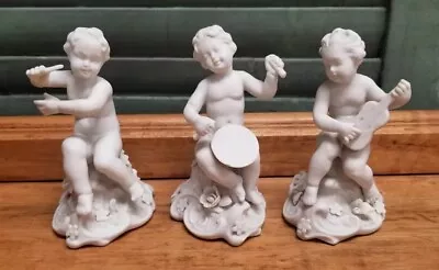 3 White Cupids Play Music Drum Flute Banjo Figurines Vintage Cherubs No Wings 5  • $22.99