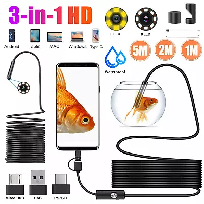 6/8LED HD Snake Endoscope Borescope Inspection Camera For USB Type C Android PC • $9.98