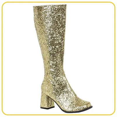 Gold Glitter Gizelle Fancy Dress Go Go Heel Zip Boots 60s 70s Retro - UK 5 EU 38 • £39.99