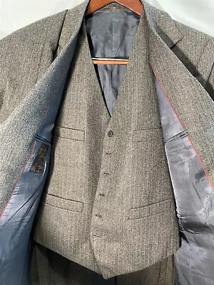 VTG Stanley Blacker 44L Jacket & Vest ONLY Gray Striped Wool Tweed Herringbone • $51.46