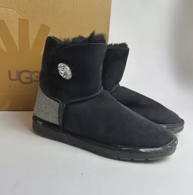 UGG Boots Black Suede Shearling Mini Bailey Button Bling Silver Glitter Sz 9 KC • $32.24