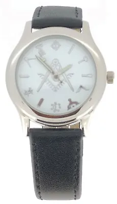 New Masonic Mason Square And Compass Quartz Wrist Watch With Black Leather Band • £17.95