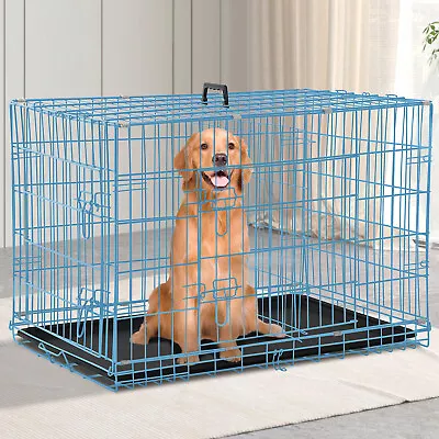 $90.99 • Buy 48  Dog Crate Kennel Folding Pet Cage Metal W/2 Doors & Tray For XL XXL Blue
