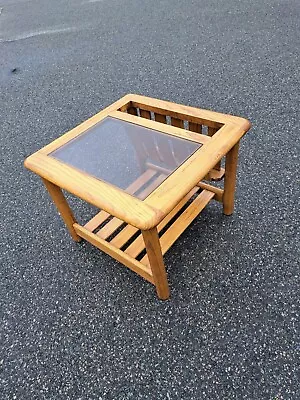 Vintage 1970's MCM Mersman Oak & Smoked Glass End Table With Magazine Slot • $299