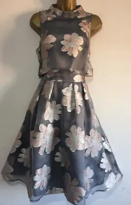 £59 • Buy GORGEOUS Coast Grey & Rose Gold Floral Fit N Flare Occasion Dress Size 16