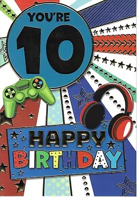 Age Ten 10th Boy Birthday Greeting Card 7 X5  Game Controller Headphones • £1.89