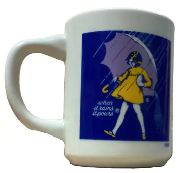 Morton Salt Coffee Mug Cup Blue Logo Of 1968 Girl Umbrella When It Rains Pours • $8