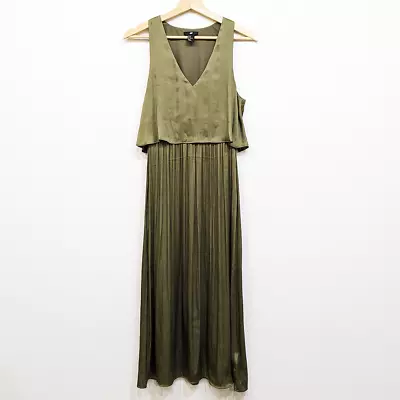 H&M Maxi Dress Size 8 Metallic Olive Green Pleated Sleeveless V Neck Goddess  • $20.95