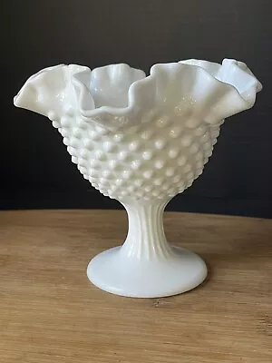 Fenton Pedestal Candy Dish Compote White Hobnail Milk Glass Ruffled Edge Vintage • $13.99