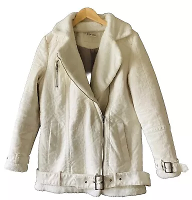 Vintage White Aviator Flight Biker Jacket Faux Shearling Fur Leather Coat 10 • £0.99