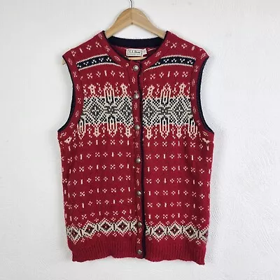 Vintage LL Bean Sleeveless Cardigan Womens Large Red Fair Isle Sweater Vest 90s • £19.95