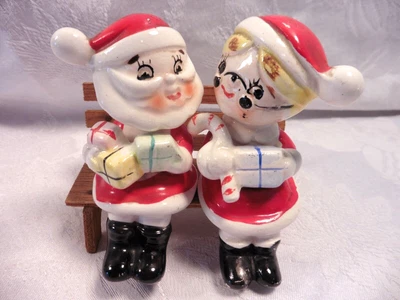 $30 • Buy Vintage Christmas Salt & Pepper Shakers~Santa & Mrs. Claus On Wood Bench W/Gifts