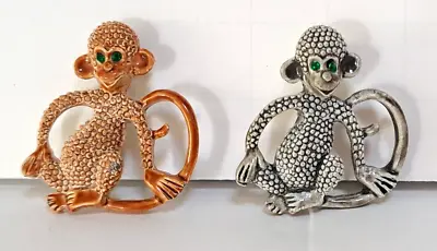 Gerry S Monkey Twin Green Eyes Silver & Brown 1 1/4  Pin Brooch Lot Vintage #715 • $4.99