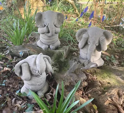 £22 • Buy Stone Garden Set 3 Wise Elephant Ornaments Hear See Speak No Evil Elephants 🐘