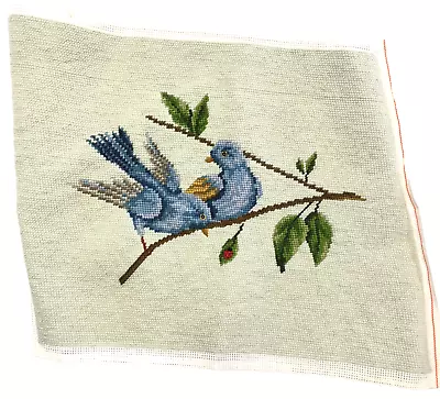 Vintage Completed Needlepoint Canvas Wool Yarn Blue Birds Ladybug Green Branch • $24.99