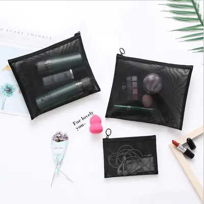 New Square Zipper Black Mesh Makeup 3PCS Set Bag Cosmetic Travel Accessories UK • £4.59