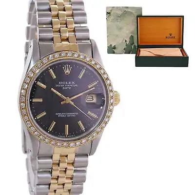 DIAMOND Bezel Rolex Oyster Perpetual Date Two Tone Steel Gold Black Watch 15053 • $4492.13