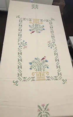 Vintage Cross Stitch Tablecloth Tropical Floral Birds Pineapples Palm Trees • $69.99