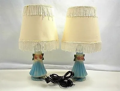 Vintage PAIR BLUE PORCELAIN TABLE LAMPS FRINGE SHADE BEDROOM TV DEN LIVINGROOM • $100