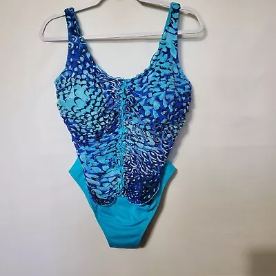 Amoena Size 14D Cup Blue Turqoise Lined Ruffled Ruched Swimsuit NWT Neoprene Bra • $24.96