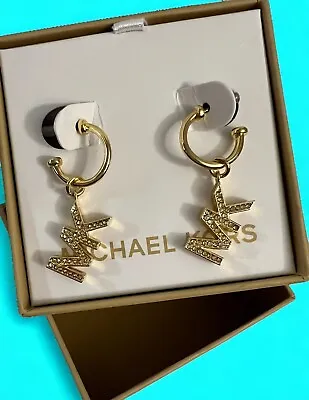 Michael Kors Gold-tone Heritage MK Logo Dangle Earrings W MK Logo Crystals • $55