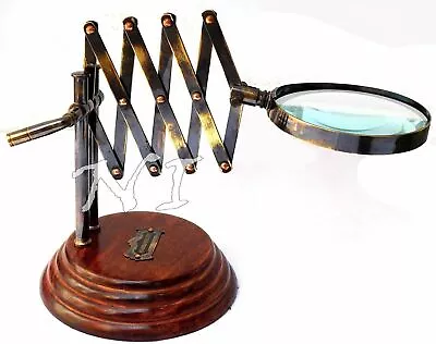 Magnifier Brass Vintage Magnifying Glass On Wooden Stand New Old Desktop Channer • $81.55