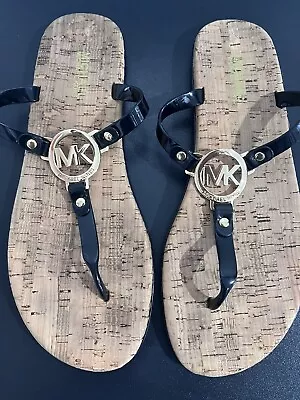Michael Kors Black Jelly MK Gold Logo Cork Thong Flip Flop Sandals Size 10M VGC • $24.99