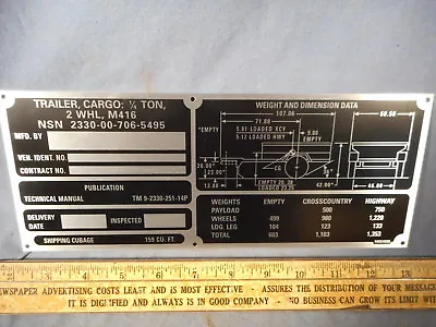 M416 Operational Data Plate For Military Trailer M151 M38 M37 CUCV M715 M998 M35 • $14.95