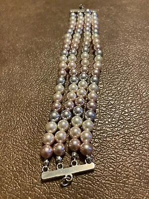 4 Strand  Beaded Multi-Colored Faux Pearls Vintage 7  Bracelet Silver • $12